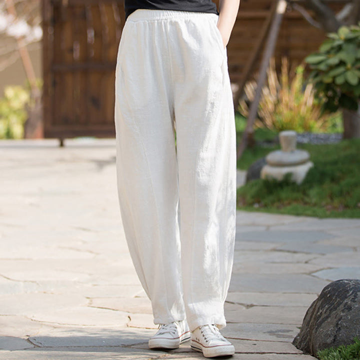 Buddha Stones Casualowe Spodnie Jogi Z Lnianej Bawełny Ramie Z Kieszeniami - image 9