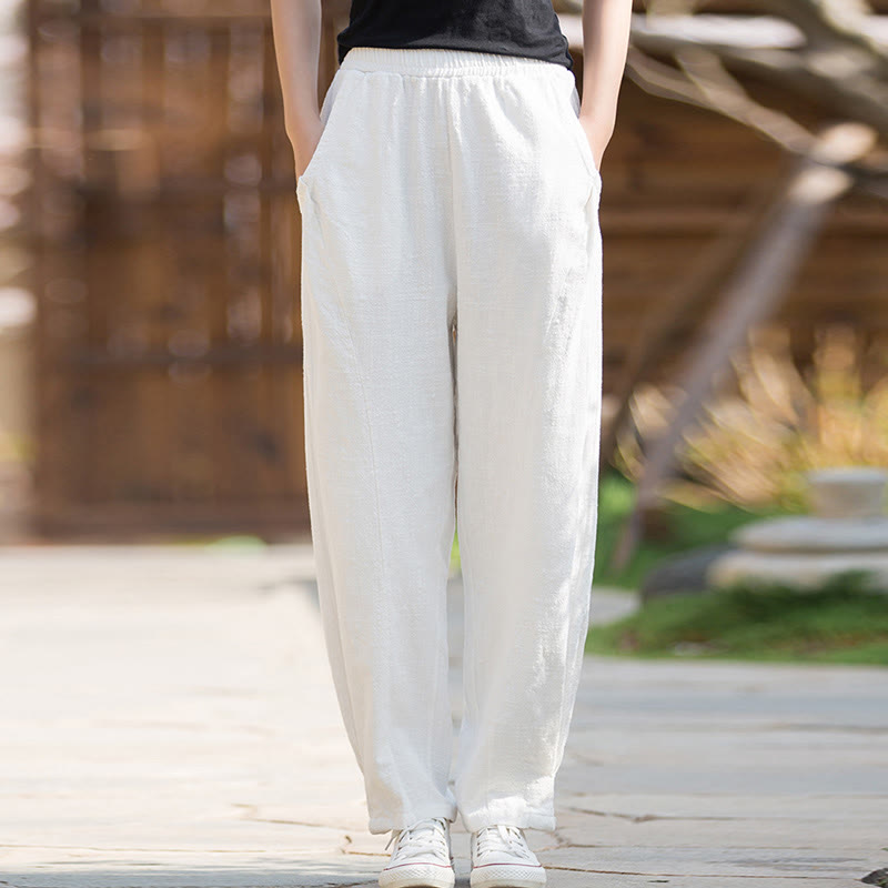 Buddha Stones Casualowe Spodnie Jogi Z Lnianej Bawełny Ramie Z Kieszeniami - image 10