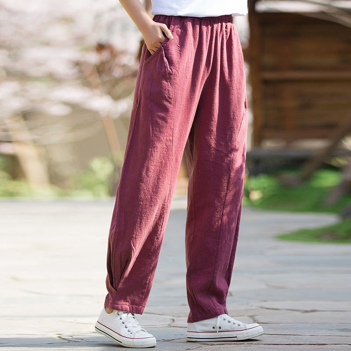 Buddha Stones Casualowe Spodnie Jogi Z Lnianej Bawełny Ramie Z Kieszeniami - image 16