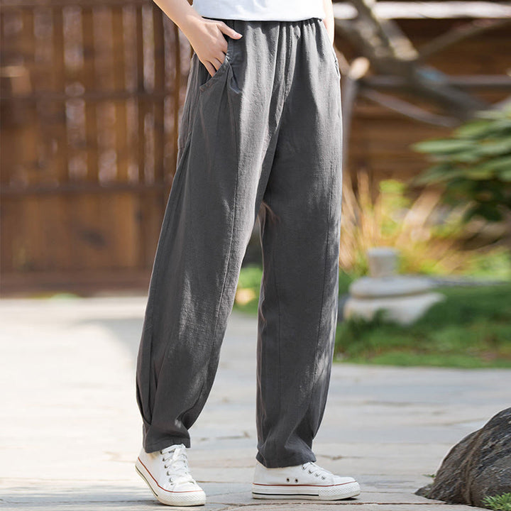Buddha Stones Casualowe Spodnie Jogi Z Lnianej Bawełny Ramie Z Kieszeniami - image 27