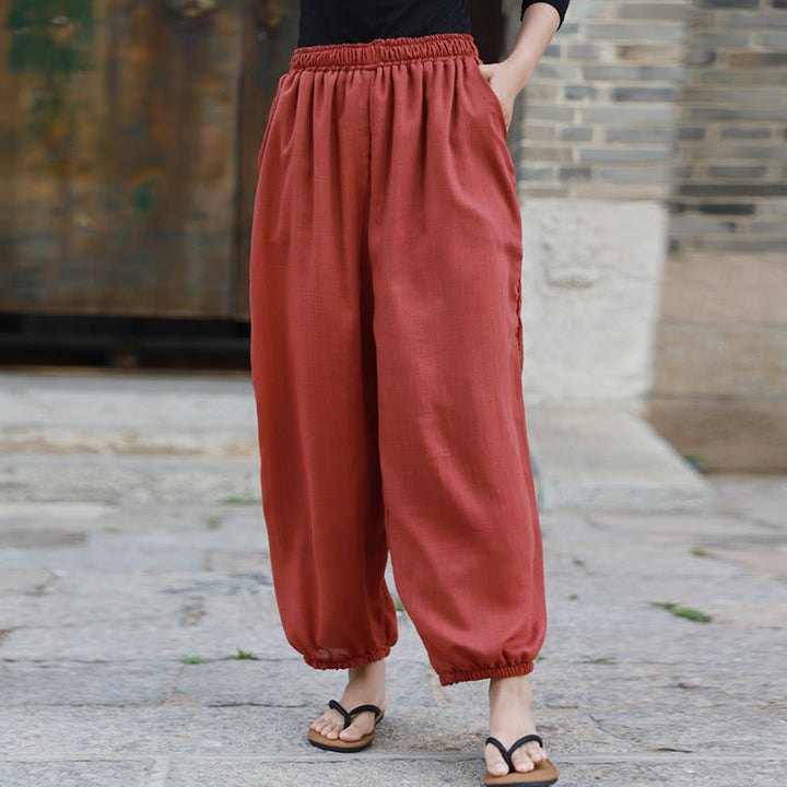 Buddha Stones Casual Letnie Damskie Bawełniane Spodnie Z Kieszeniami
