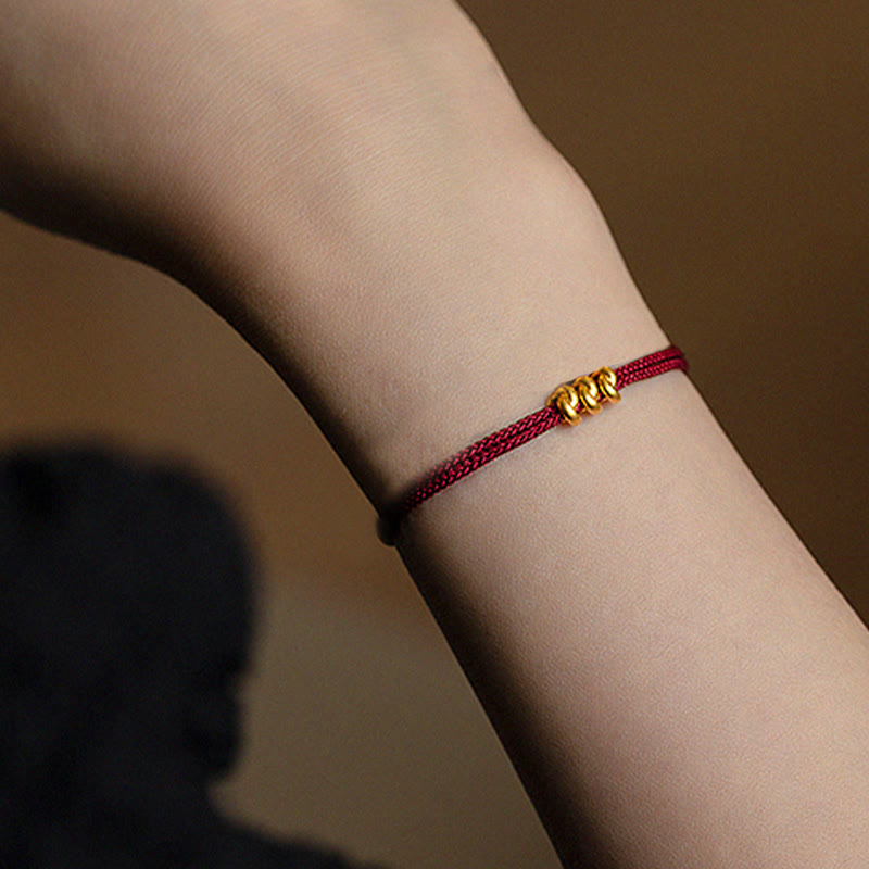 Buddha Stones 999 Złoty Węzeł Życzeń Projekt Szczęścia Ręcznie Pleciona Bransoletka z Linii - Trzy koraliki (złote, około 0,3 g) - 21 cm - image 2