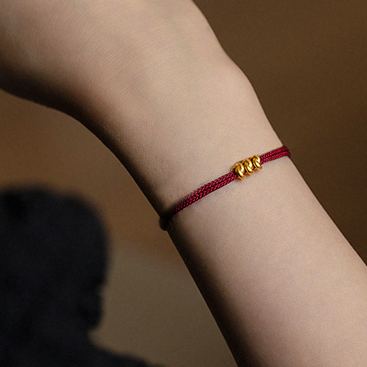 Buddha Stones 999 Złoty Węzeł Życzeń Projekt Szczęścia Ręcznie Pleciona Bransoletka z Linii - Trzy koraliki (złote, około 0,3 g) - 21 cm - image 2