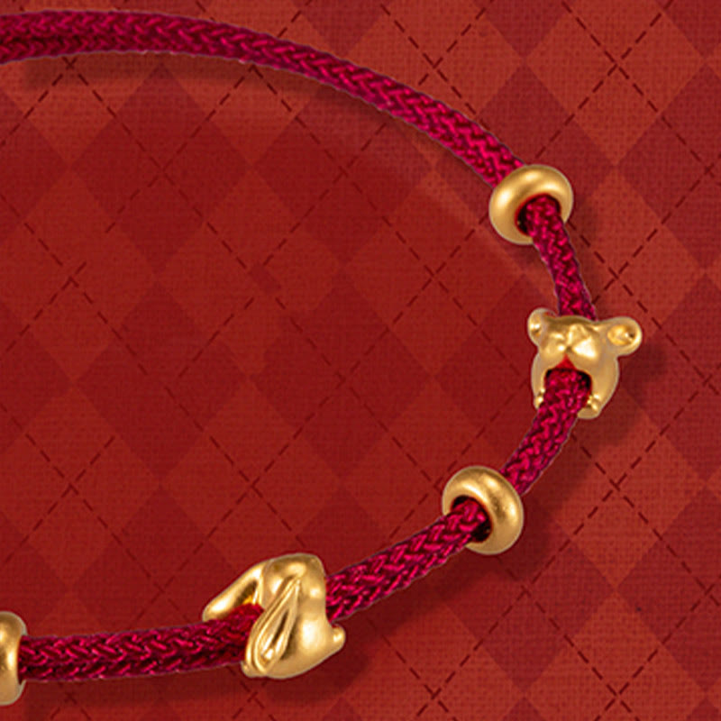 Buddha Stones 999 Złoty Mały Szczęśliwy Królik Osmantus Projekt Ręcznie Robiona Bransoletka Szczęścia Pleciona Lina - Podwójny Królik Szczęścia i Trzy Złote Koraliki (złoto ok. 0,58 g) - 21 cm - image 8