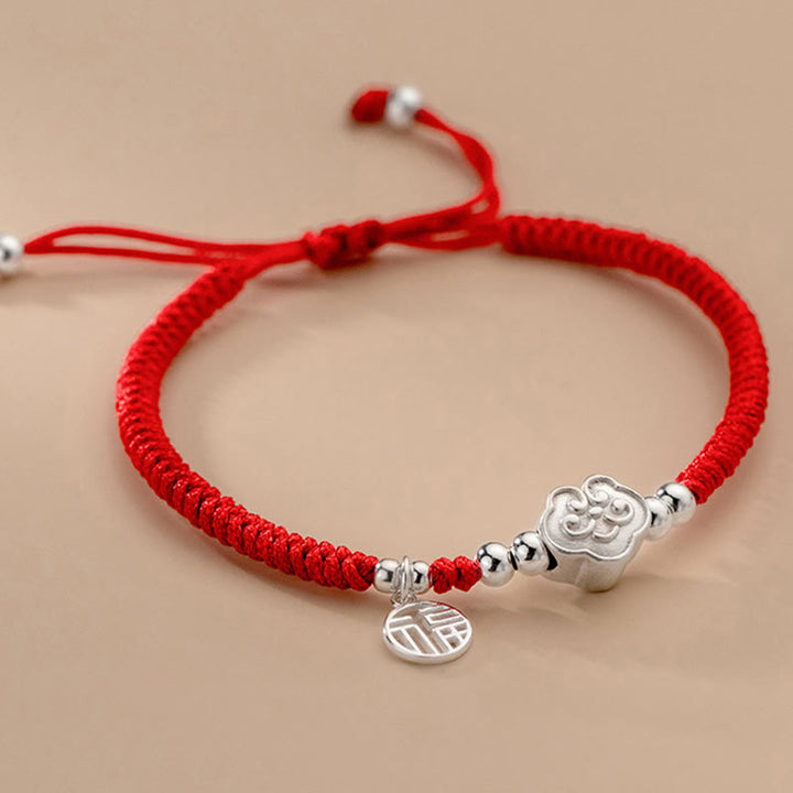 Buddha Stones Ręcznie robione 925 Srebro Sterling Fu Charakter Pomyślne Chmury Błogosławieństwo Bransoletka z Plecionej Linii