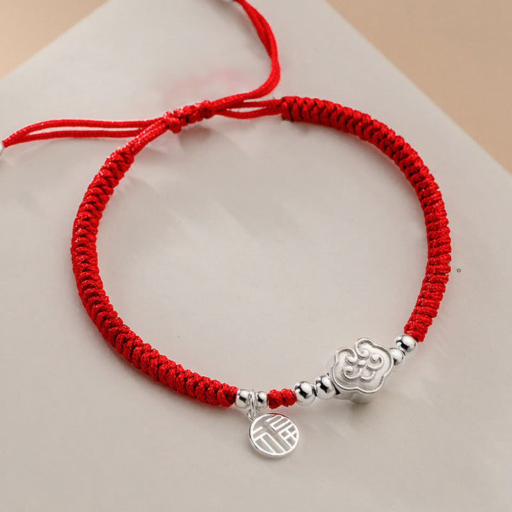 Buddha Stones Ręcznie robione 925 Srebro Sterling Fu Charakter Pomyślne Chmury Błogosławieństwo Bransoletka z Plecionej Linii