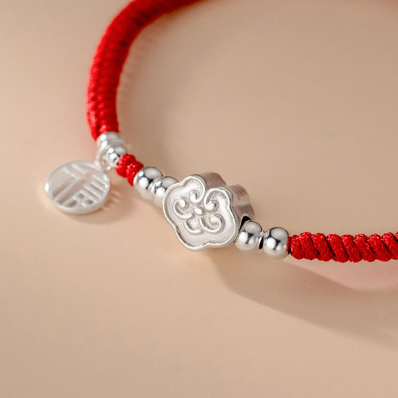 Buddha Stones Ręcznie robione 925 Srebro Sterling Fu Charakter Pomyślne Chmury Błogosławieństwo Bransoletka z Plecionej Linii
