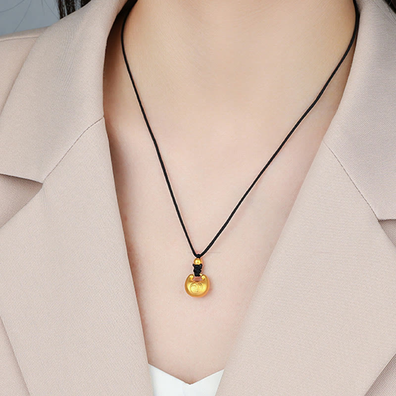 Buddha Stones 999 Złoty Fu Charakter Życzenie Blokada Wzór Szczęścia Naszyjnik Wisiorek Lina - Mała postać Fu (złoto około 0,8 g) + czarny naszyjnik z liną - image 2