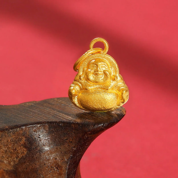 Buddha Stones 999 Złoty Mini Śmiejący się Budda Szczęście Bogactwo Naszyjnik Wisiorek