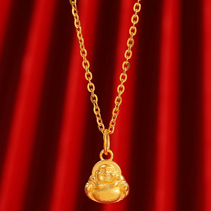Buddha Stones 999 Złoty Mini Śmiejący się Budda Szczęście Bogactwo Naszyjnik Wisiorek
