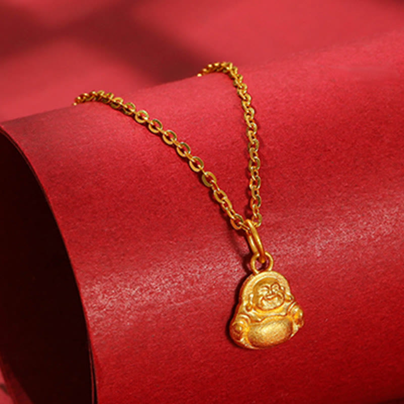 Buddha Stones 999 Złoty Mini Śmiejący się Budda Szczęście Bogactwo Naszyjnik Wisiorek