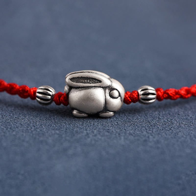 Buddha Stones Handmade 999 Sterling Silver Rabbit Luck Rope Anklet