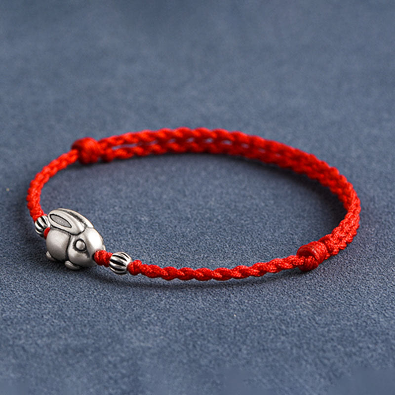 Buddha Stones Handmade 999 Sterling Silver Rabbit Luck Rope Anklet
