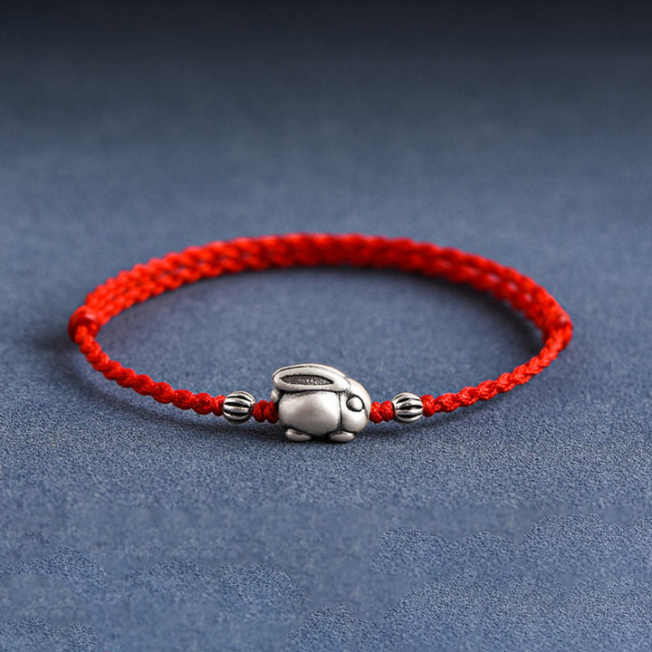 Buddha Stones Handmade 999 Sterling Silver Rabbit Luck Rope Anklet - Duża bransoletka na kostkę z królika (obwód 18-30 cm) - Czerwony - image 0