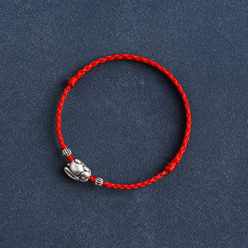 Buddha Stones Handmade 999 Sterling Silver Rabbit Luck Rope Anklet