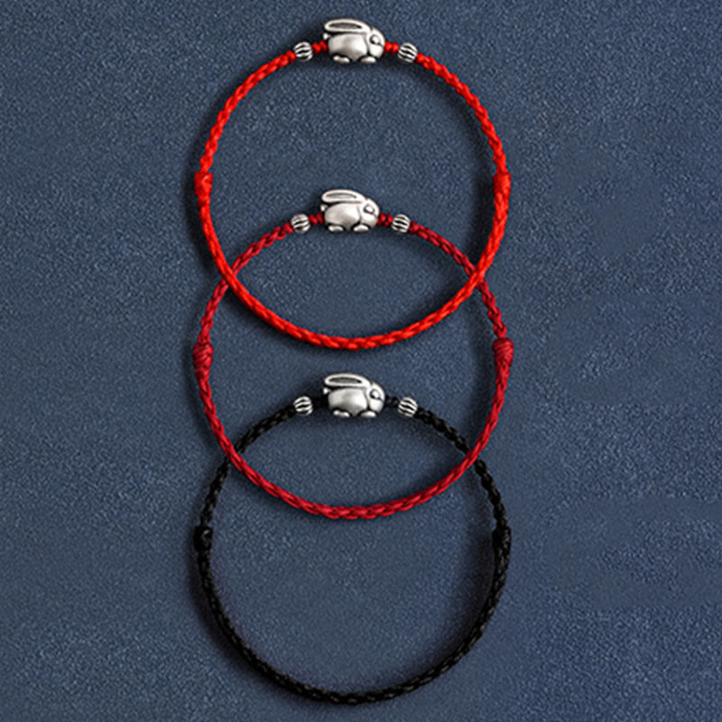 Buddha Stones Handmade 999 Sterling Silver Rabbit Luck Rope Anklet