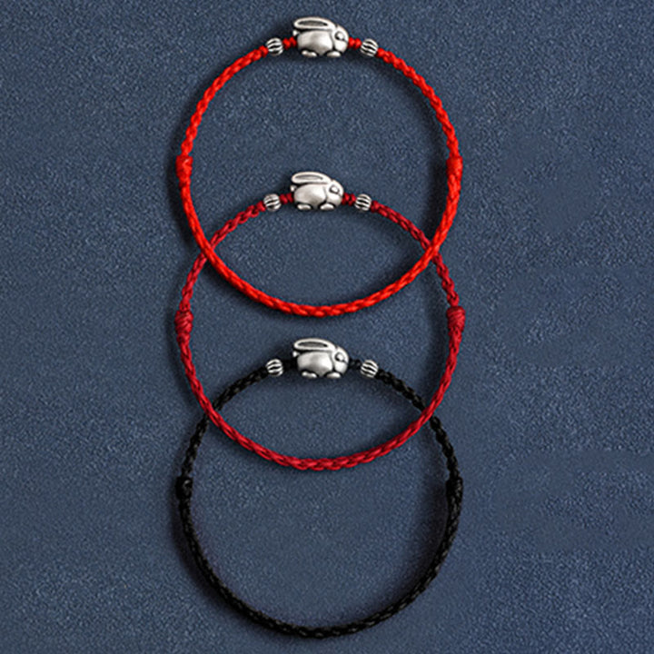 Buddha Stones Handmade 999 Sterling Silver Rabbit Luck Rope Anklet