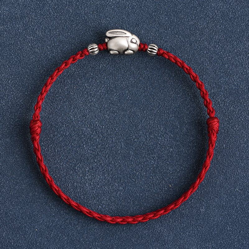 Buddha Stones Handmade 999 Sterling Silver Rabbit Luck Rope Anklet - Duża bransoletka na kostkę z królika (obwód 18-30 cm) - Ciemnoczerwony - image 15