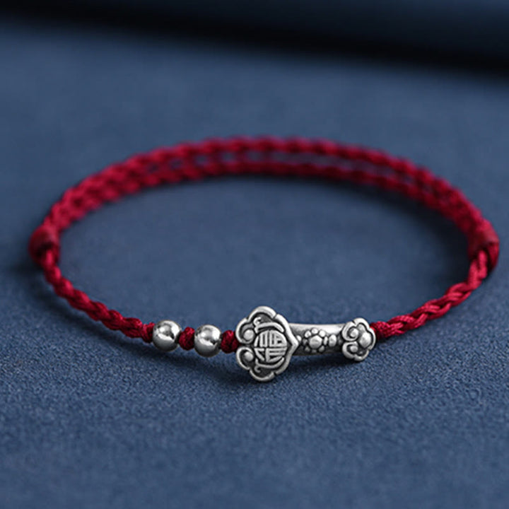 Buddha Stones Ręcznie robione 999 Srebro Sterlingowe Fu Charakter Życzenie Ruyi Uchwyt Fortune Rope Bransoletka na kostkę - Bransoletka na kostkę (obwód 18-30 cm) - Ciemnoczerwony - image 0