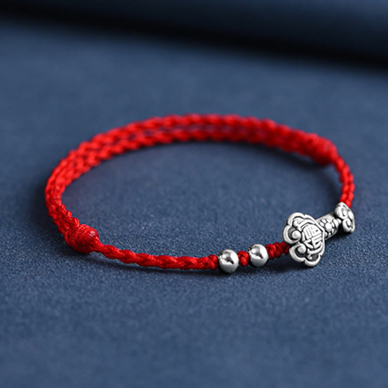 Buddha Stones Ręcznie robione 999 Srebro Sterlingowe Fu Charakter Życzenie Ruyi Uchwyt Fortune Rope Bransoletka na kostkę