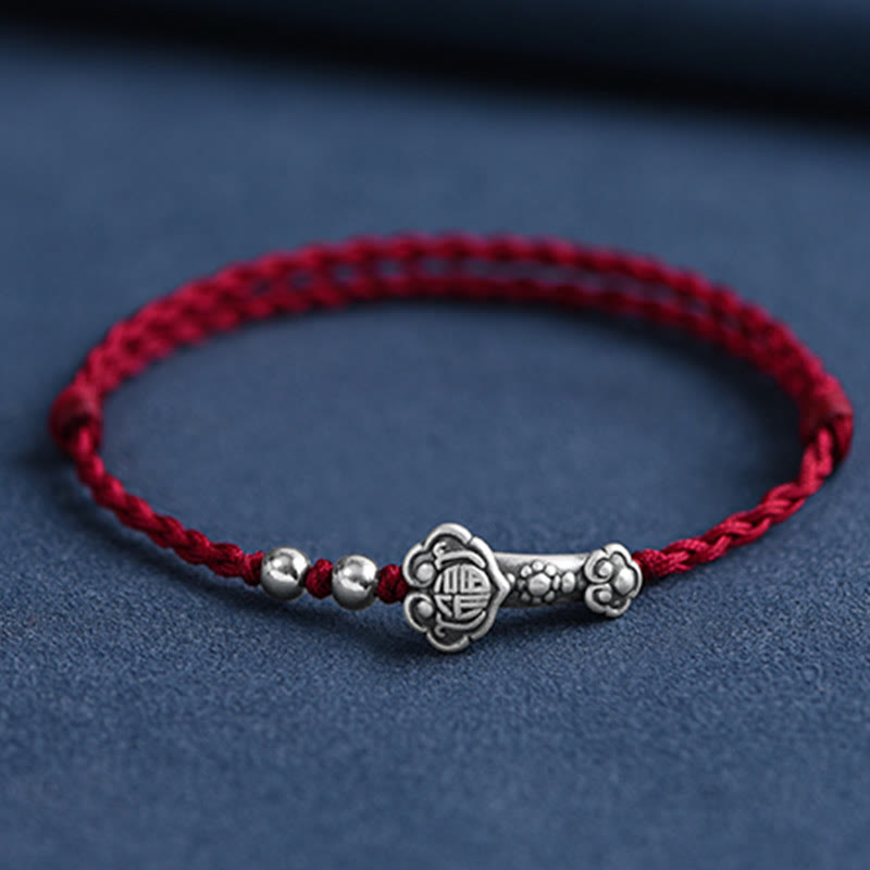 Buddha Stones Ręcznie robione 999 Srebro Sterlingowe Fu Charakter Życzenie Ruyi Uchwyt Fortune Rope Bransoletka na kostkę - Bransoletka na kostkę (obwód 18-30 cm) - Ciemnoczerwony - image 0