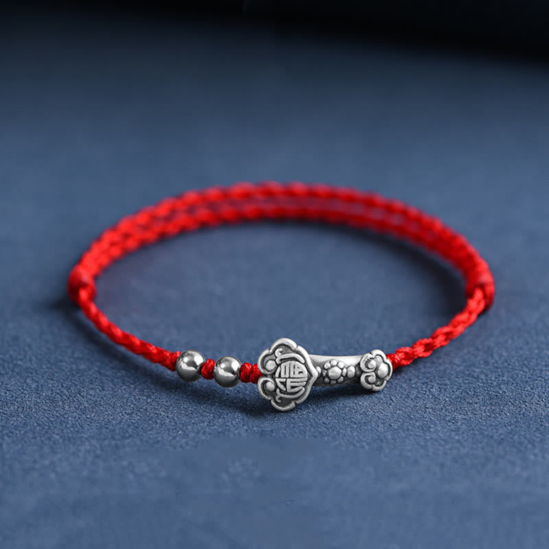 Buddha Stones Ręcznie robione 999 Srebro Sterlingowe Fu Charakter Życzenie Ruyi Uchwyt Fortune Rope Bransoletka na kostkę - Bransoletka na kostkę (obwód 18-30 cm) - Czerwony - image 9