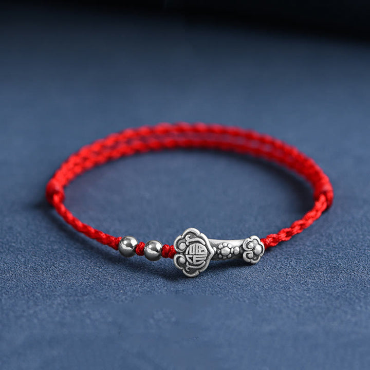 Buddha Stones Ręcznie robione 999 Srebro Sterlingowe Fu Charakter Życzenie Ruyi Uchwyt Fortune Rope Bransoletka na kostkę