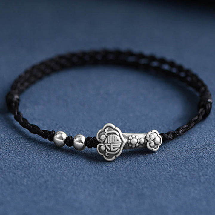 Buddha Stones Ręcznie robione 999 Srebro Sterlingowe Fu Charakter Życzenie Ruyi Uchwyt Fortune Rope Bransoletka na kostkę
