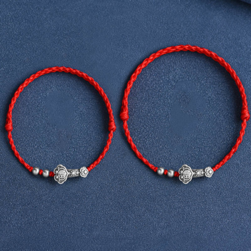 Buddha Stones Ręcznie robione 999 Srebro Sterlingowe Fu Charakter Życzenie Ruyi Uchwyt Fortune Rope Bransoletka na kostkę