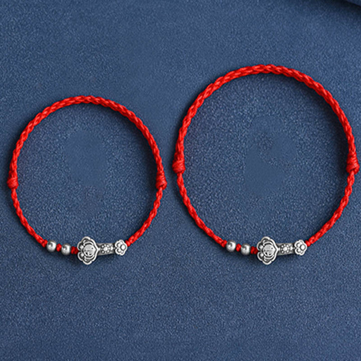 Buddha Stones Ręcznie robione 999 Srebro Sterlingowe Fu Charakter Życzenie Ruyi Uchwyt Fortune Rope Bransoletka na kostkę