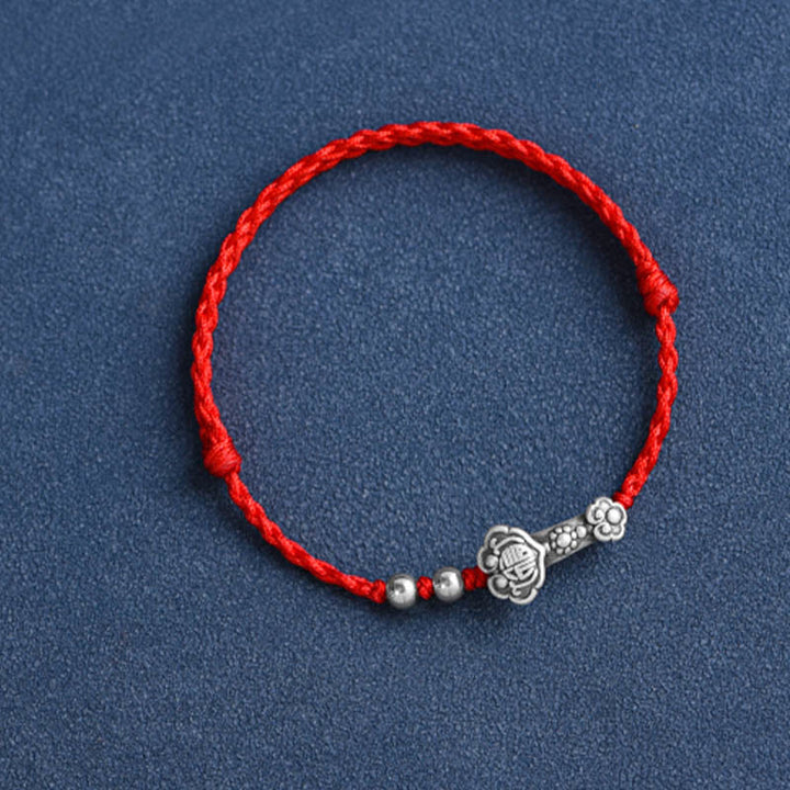 Buddha Stones Ręcznie robione 999 Srebro Sterlingowe Fu Charakter Życzenie Ruyi Uchwyt Fortune Rope Bransoletka na kostkę