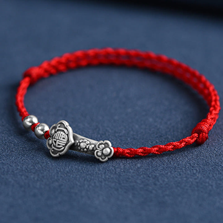 Buddha Stones Ręcznie robione 999 Srebro Sterlingowe Fu Charakter Życzenie Ruyi Uchwyt Fortune Rope Bransoletka na kostkę