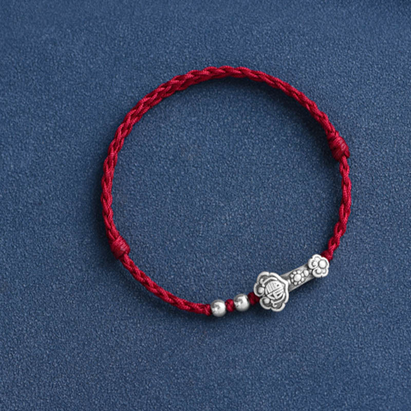 Buddha Stones Ręcznie robione 999 Srebro Sterlingowe Fu Charakter Życzenie Ruyi Uchwyt Fortune Rope Bransoletka na kostkę