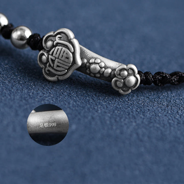 Buddha Stones Ręcznie robione 999 Srebro Sterlingowe Fu Charakter Życzenie Ruyi Uchwyt Fortune Rope Bransoletka na kostkę