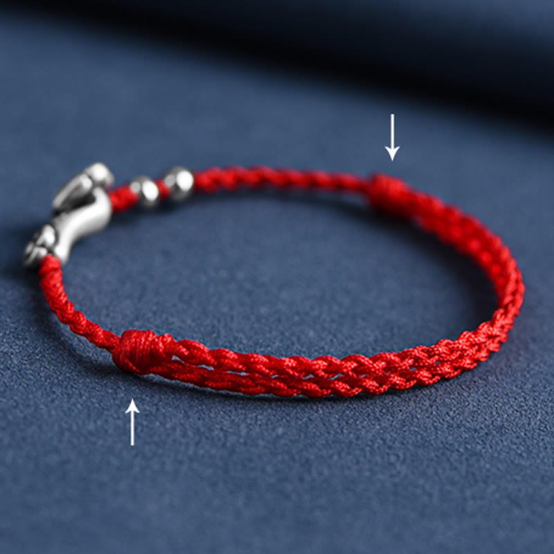Buddha Stones Ręcznie robione 999 Srebro Sterlingowe Fu Charakter Życzenie Ruyi Uchwyt Fortune Rope Bransoletka na kostkę