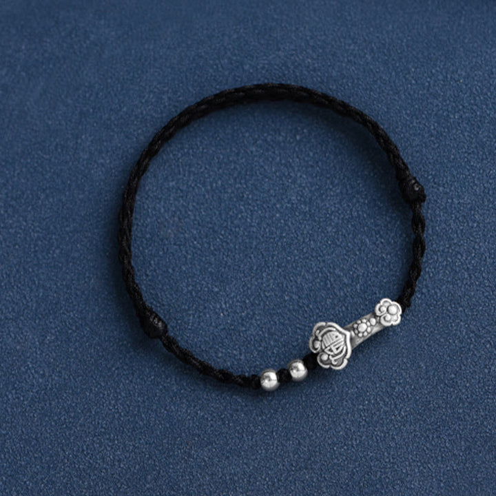 Buddha Stones Ręcznie robione 999 Srebro Sterlingowe Fu Charakter Życzenie Ruyi Uchwyt Fortune Rope Bransoletka na kostkę