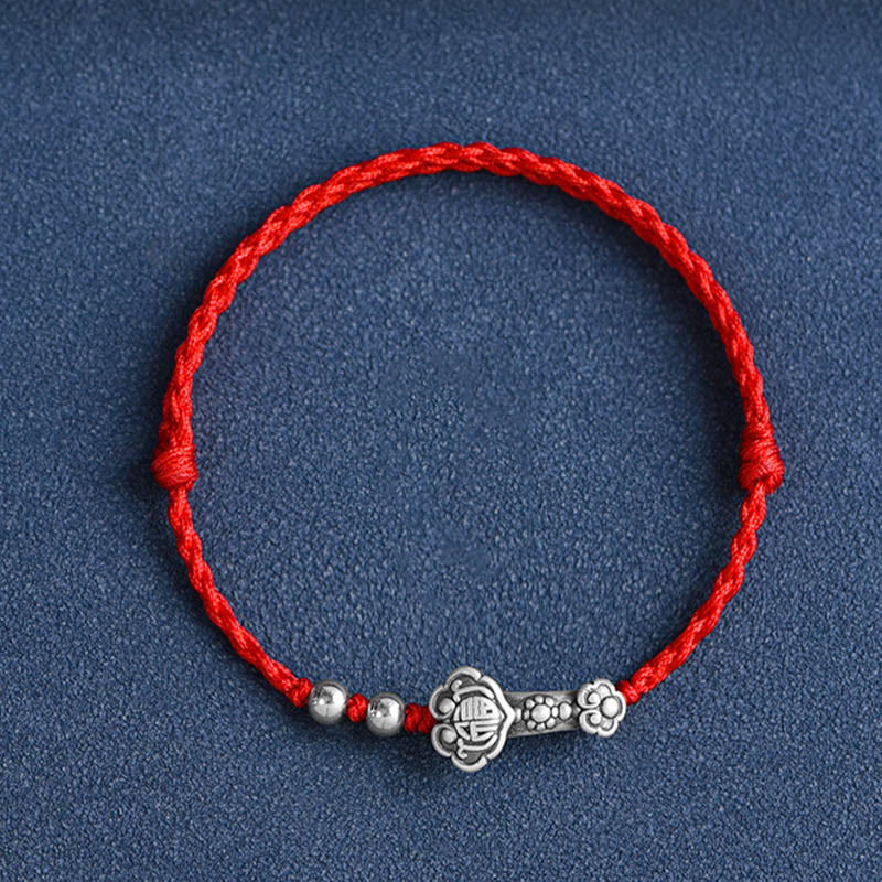 Buddha Stones Ręcznie robione 999 Srebro Sterlingowe Fu Charakter Życzenie Ruyi Uchwyt Fortune Rope Bransoletka na kostkę