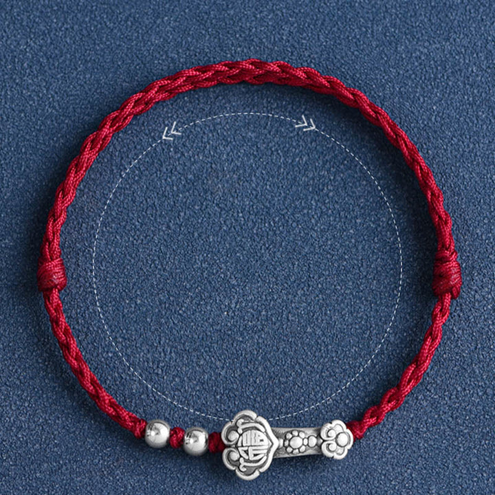 Buddha Stones Ręcznie robione 999 Srebro Sterlingowe Fu Charakter Życzenie Ruyi Uchwyt Fortune Rope Bransoletka na kostkę