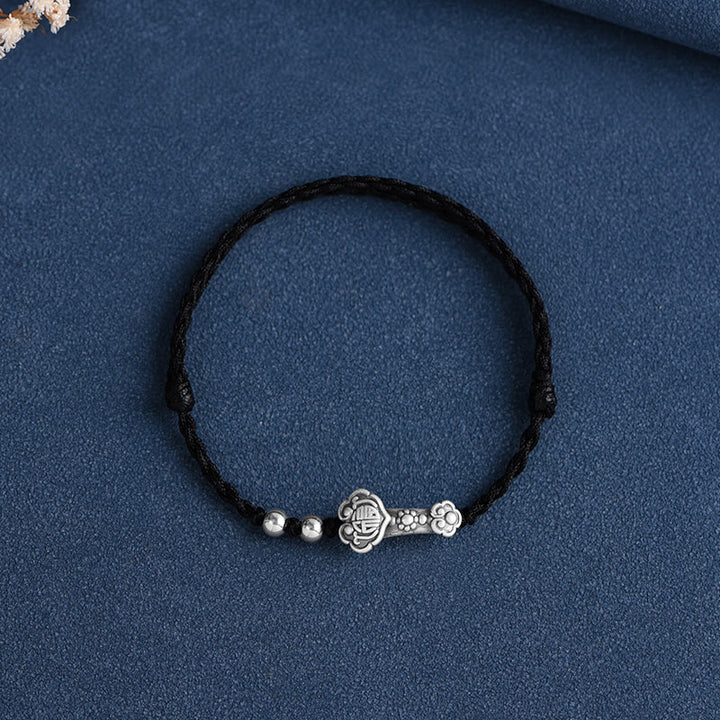 Buddha Stones Ręcznie robione 999 Srebro Sterlingowe Fu Charakter Życzenie Ruyi Uchwyt Fortune Rope Bransoletka na kostkę