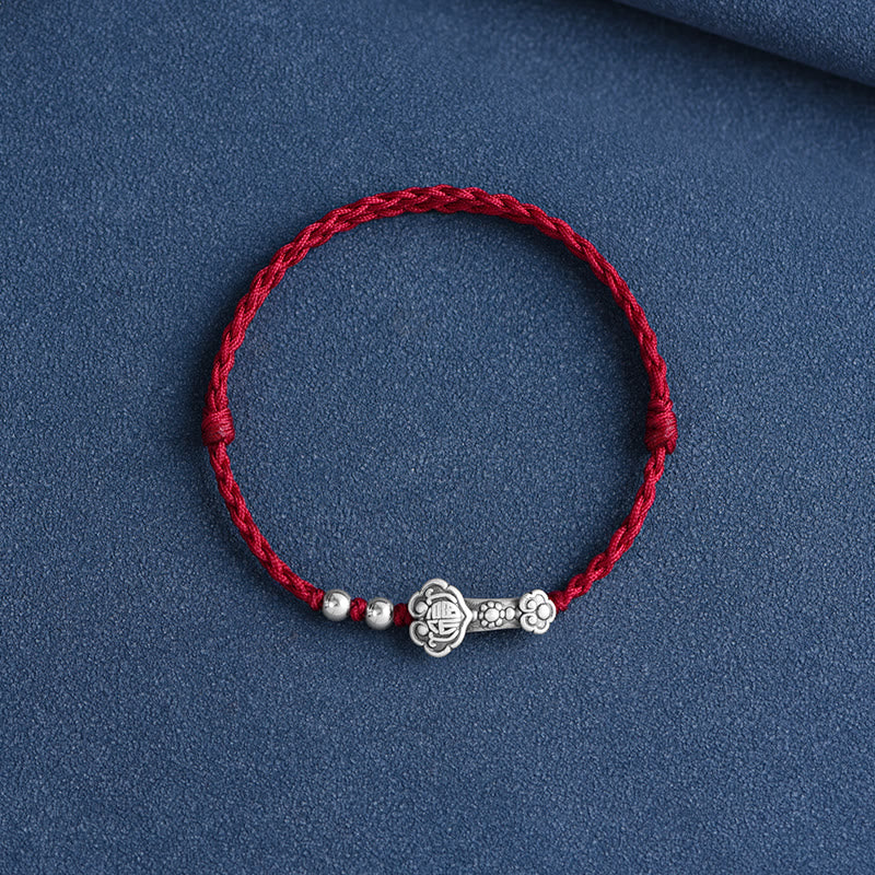 Buddha Stones Ręcznie robione 999 Srebro Sterlingowe Fu Charakter Życzenie Ruyi Uchwyt Fortune Rope Bransoletka na kostkę