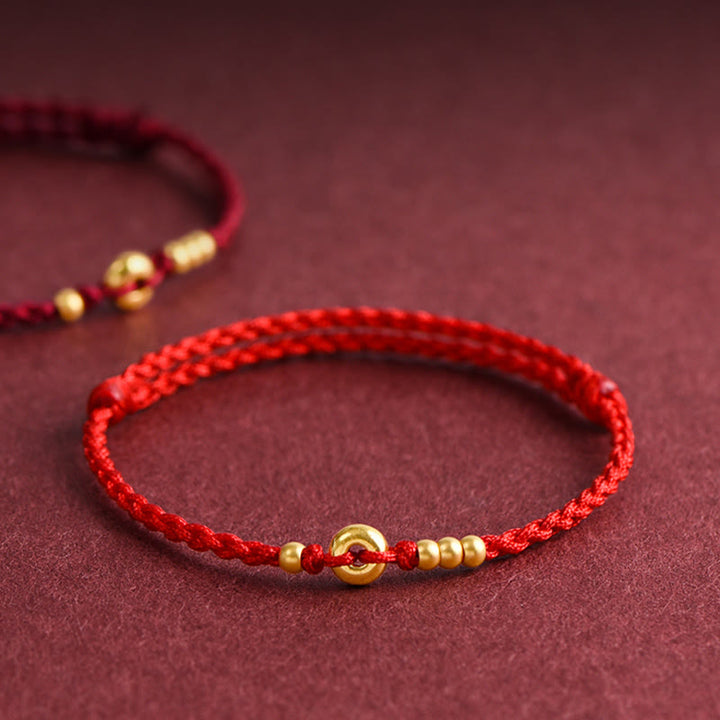 Buddha Stones 999 Złota Mała Klamra Pokoju Projekt Ręcznie Robiona Bransoletka Szczęścia Pleciona Lina Anklet - Bransoletka na kostkę (obwód 18-30 cm) - Czerwony - image 0