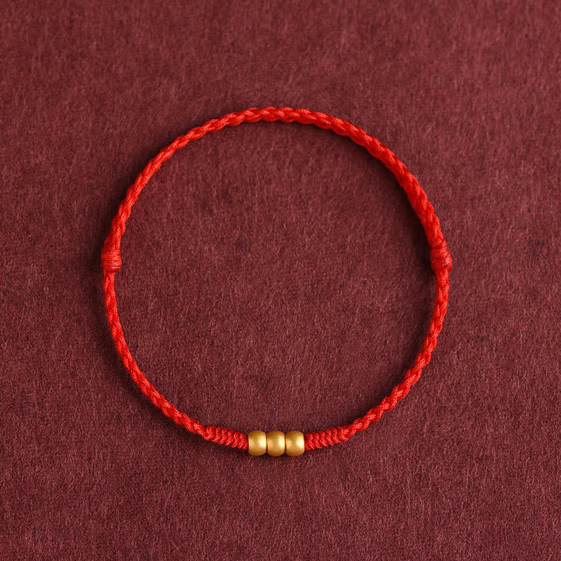 Buddha Stones 999 Złote Mini Trzy Koraliki Projekt Ręcznie Robiona Bransoletka Szczęścia Sznurek Anklet - Bransoletka na kostkę (obwód 18-30 cm) - Czerwony - image 0