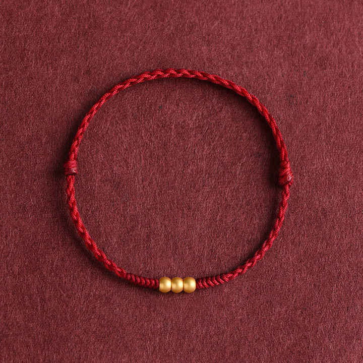 Buddha Stones 999 Złote Mini Trzy Koraliki Projekt Ręcznie Robiona Bransoletka Szczęścia Sznurek Anklet - Bransoletka na kostkę (obwód 18-30 cm) - Ciemnoczerwony - image 7