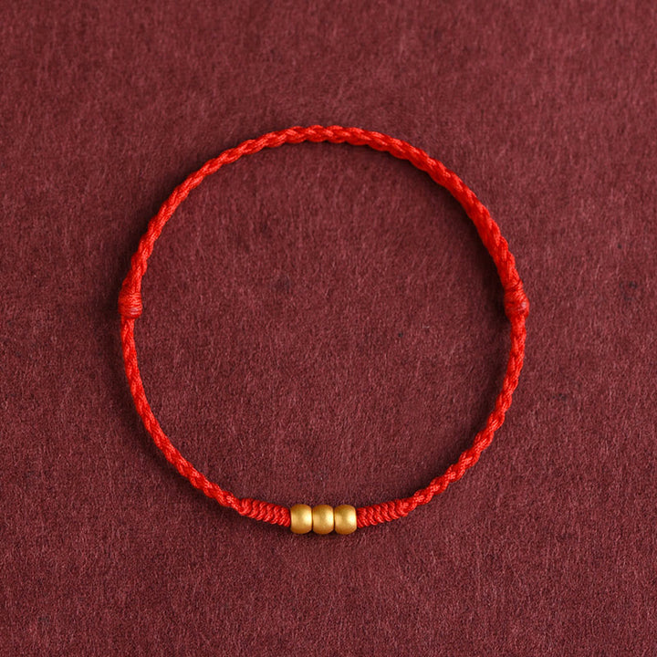 Buddha Stones 999 Złote Mini Trzy Koraliki Projekt Ręcznie Robiona Bransoletka Szczęścia Sznurek Anklet - Bransoletka na kostkę (obwód 18-30 cm) - Czerwony - image 0