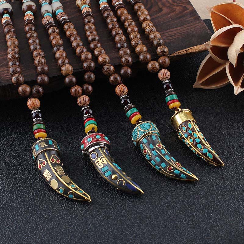 Buddha Stones Tybet Wenge Drewno Om Mani Padme Hum OM Symbol Mantra Wzór Rogu Naszyjnik Ochronny Wisiorek - image 0