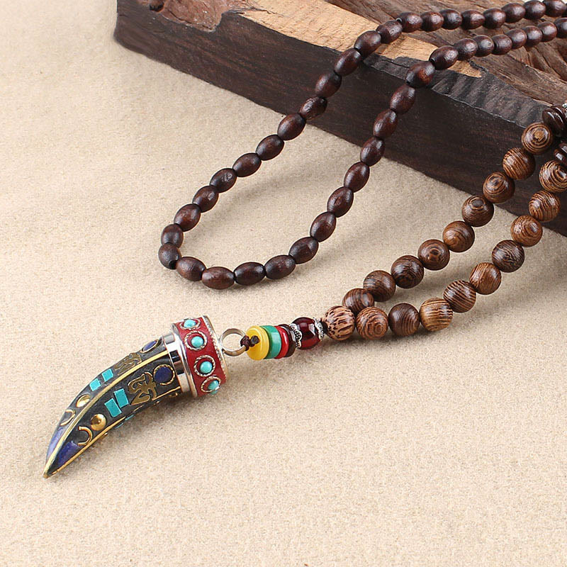 Buddha Stones Tybet Wenge Drewno Om Mani Padme Hum OM Symbol Mantra Wzór Rogu Naszyjnik Ochronny Wisiorek - Drewno Wenge i Mantra Om - image 13