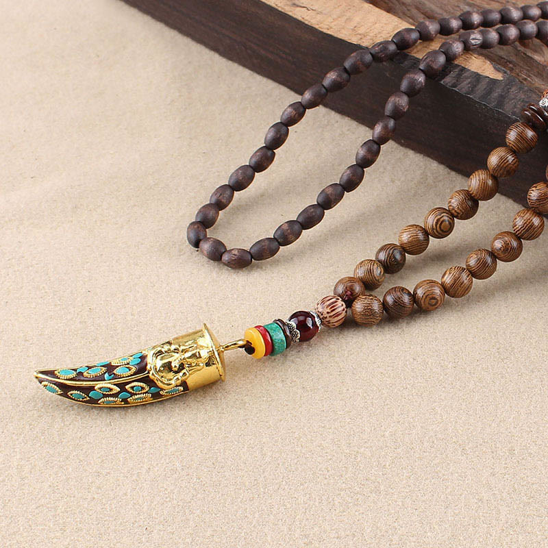 Buddha Stones Tybet Wenge Drewno Om Mani Padme Hum OM Symbol Mantra Wzór Rogu Naszyjnik Ochronny Wisiorek - Drewno Wenge i Złoty Róg - image 16