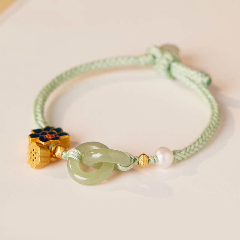 Buddha Stones Hetian Jade Lotus Peace Buckle Bransoletka z plecionej liny Fortune