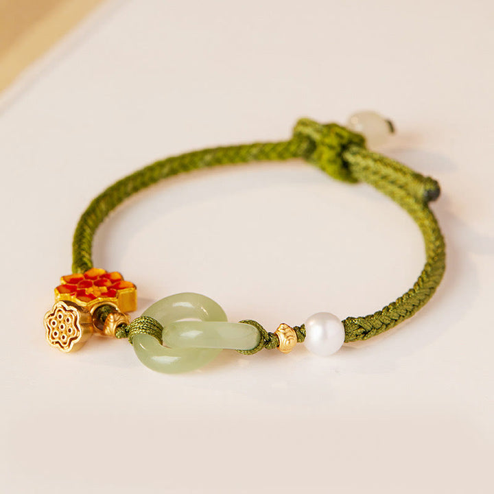 Buddha Stones Hetian Jade Lotus Peace Buckle Bransoletka z plecionej liny Fortune