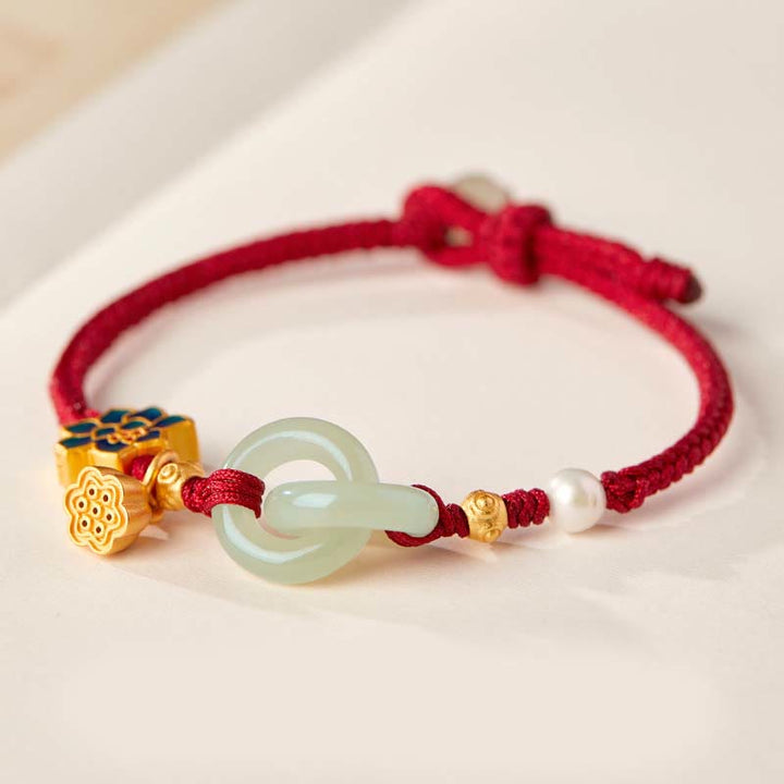Buddha Stones Hetian Jade Lotus Peace Buckle Bransoletka z plecionej liny Fortune